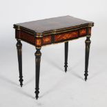 A Victorian burr walnut, ebony, marquetry and gilt metal mounted card table, the hinged