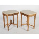 A pair of French gilt wood Neo Classical style occasional tables, the faux painted marble tops above