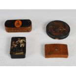 Four assorted 18th century and later boxes, to include: a Scottish treen snuff box, the hinged cover