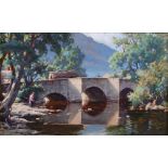 Reginald Aspinwall (1858-1921) Timber wagon crossing a stone bridge oil on canvas, signed lower