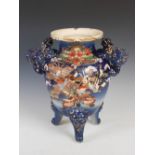 A Japanese Satsuma pottery blue ground koro of large size, late 19th/early 20th century, the tapered