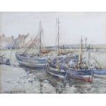 Andrew Archer Gamley RSW (1869-1949) Harbour at low tide with fishing boats watercolour, signed