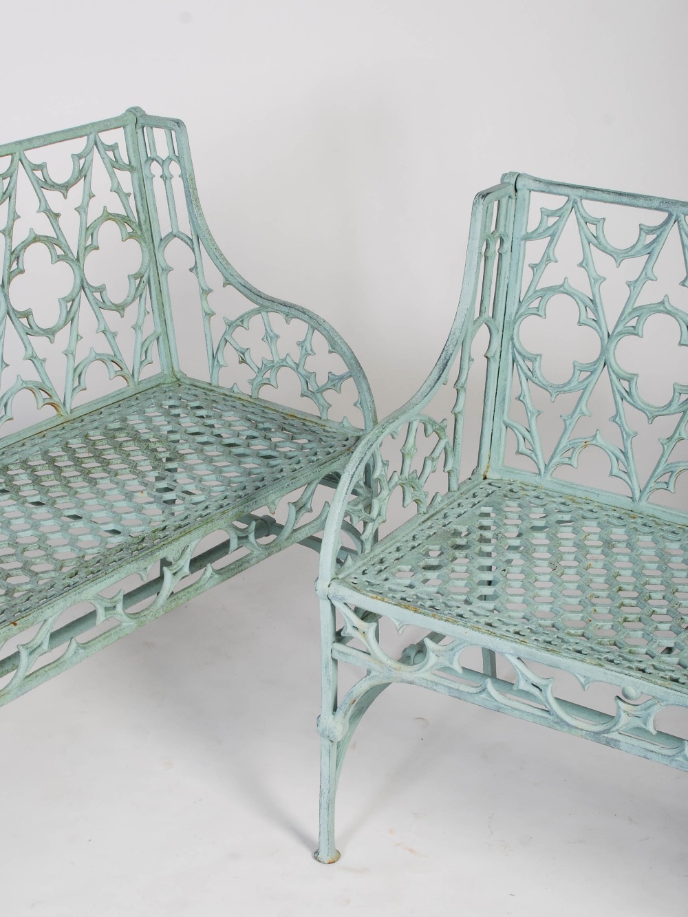 A near pair of 19th century cast iron Gothic Revival garden seats, after a design by James Yates, - Image 3 of 9