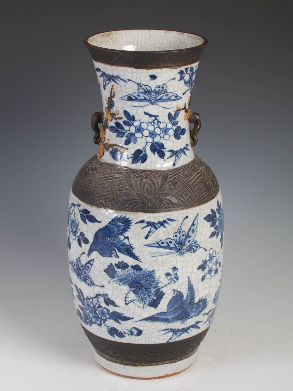 A Chinese porcelain blue and white crackle glazed vase, Qing Dynasty, decorated with foliate sprays, - Image 3 of 10