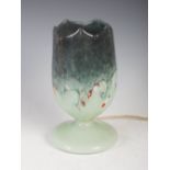 A Vasart tulip lamp, mottled green glass with band of typical whorls, 24cm high.