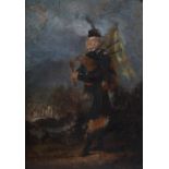 19th century Scottish School Portrait of a Highland Piper oil on board 24.5cm x 17cm