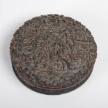A Chinese tortoiseshell circular shaped box and cover, Qing Dynasty, the detachable cover carved