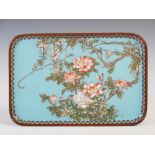A Japanese blue ground silver wirework cloisonne tray, Meiji Period, decorated with peony and