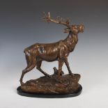 An early 20th century bronze stag in the manner of Antoine-Louis Barye, modelled standing on a rocky