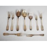 A set of three William IV silver table forks, London 1831, makers mark of JW, fiddle pattern,