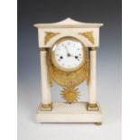 A 19th century Empire marble and gilt metal mantel clock, the circular convex dial with Roman