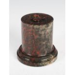 A red, black and green veined marble desk box and cover in the form of a pedestal, with recessed