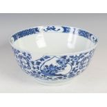 A Chinese porcelain blue and white punch bowl, Qing Dynasty, probably Kangxi, decorated with onion