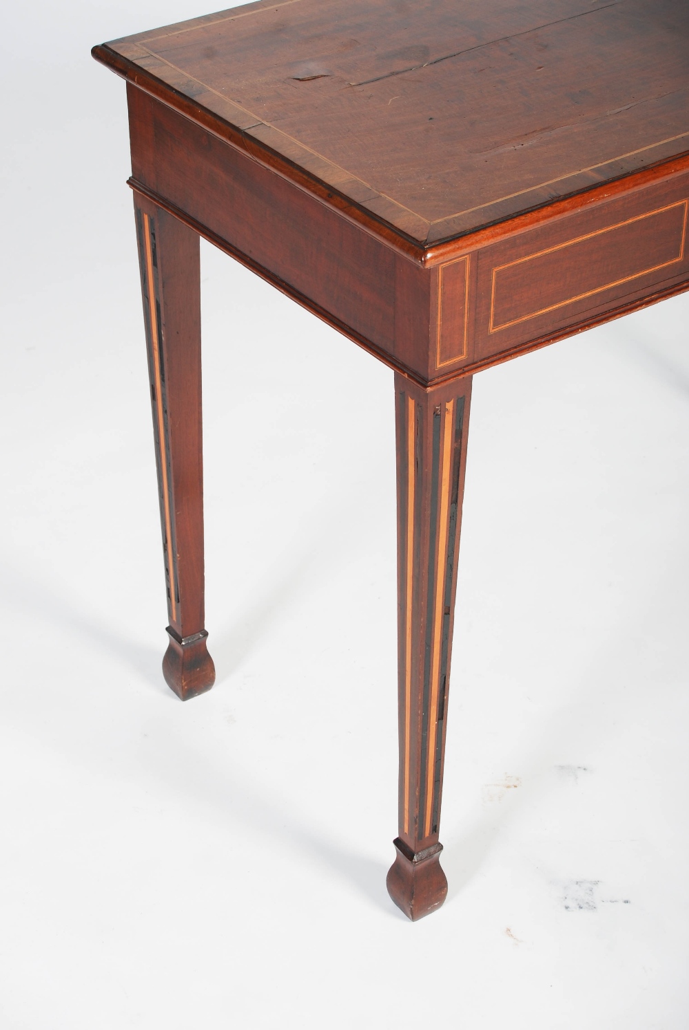 A George III mahogany boxwood and ebony lined side table, the rectangular top with boxwood lined - Image 5 of 14