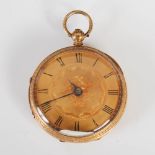 A Victorian 18ct gold open faced pocket watch, Chester 1874, makers mark of S & B, the circular