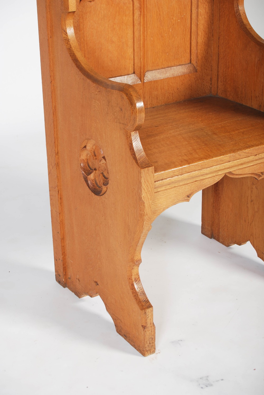 An early 20th century oak Gothic altar chair, the triangular panelled back centred with a relief - Image 2 of 9