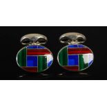 DEAKIN & FRANCIS, A pair of silver, red, blue and green enamel oval cufflinks, Stamped: D&F, 925 and