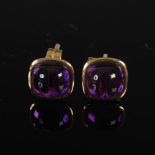 HERBERT MARX, A pair of 9 carat yellow gold and amethyst cabochon square earrings, Stamped: HM Ld