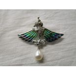 Silver & champlevé enamel Art Nouveau style brooch