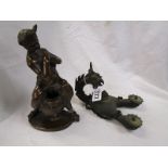 Metal figure & early Eastern oil lamp