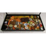 Collectables in glass display case to include pill boxes