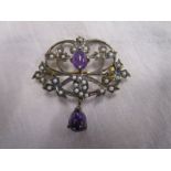 Amethyst, seed pearl & diamond brooch