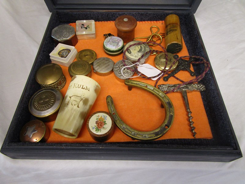Case of collectables to include pill boxes and bronze crucifix
