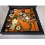 Case of collectables to include pill boxes and bronze crucifix