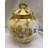 Royal Worcester lidded pot with hand painted flowers on a blush ivory background & gilt highlights