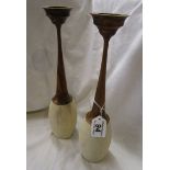 Pair of unusual treen and stone candle sticks