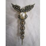 Caduceus diamond, pearl & stone brooch