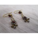 Pair of garnet, seed pearl & diamond drop earrings