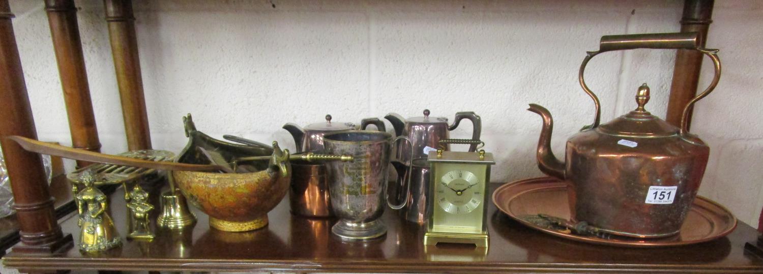 2 shelves of metalware to include copper teapot and pewter