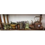 2 shelves of metalware to include copper teapot and pewter