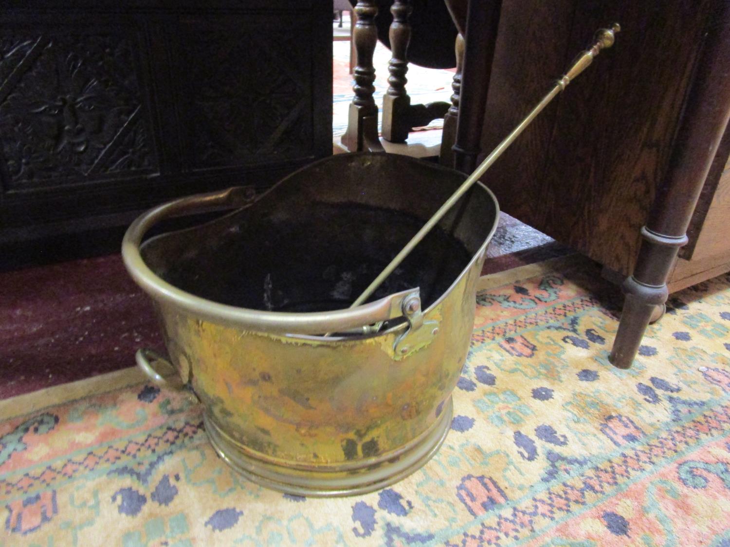 Coal scuttle, poker and tongs