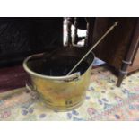 Coal scuttle, poker and tongs