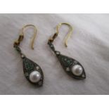 Pair of pearl, emerald & diamond drop earrings