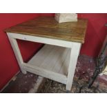Large rustic pine and painted kitchen island with lower tier - H: 82cm W: 95cm L: 96cm