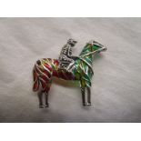 Silver & champlevé enamel horse & jockey brooch