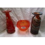 2 Mdina glass vases and Mdina glass bowl