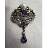 Amethyst, diamond & seed pearl brooch