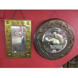 Round Art & Crafts copper framed mirror & another