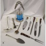 Small selection of plated items to include a 3 piece carving set, ham bone holder, preserve jar etc