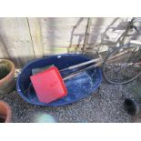 Large plastic dog basket & garden tools
