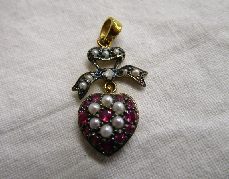 Ruby, seed pearl & diamond heart pendant