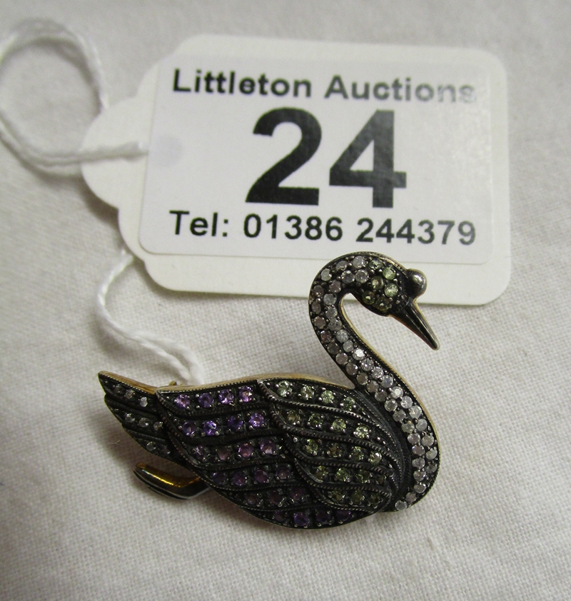 Amethyst, peridot & diamond swan brooch