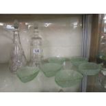 Set of six frosted green glass leaf bowls - Possibly Bagley & 2 decanters