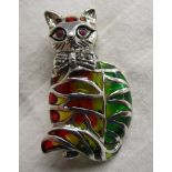 Silver & champlevé enamel cat brooch