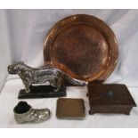 Collectable metalware to include Newlyn style copper box and dog nut cracker