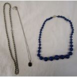 Lapis Lazuli graduated blue bead necklace, silver mounted pendant on chain and rope effect necklace